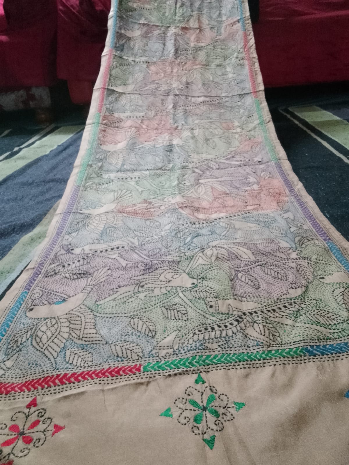 skin color kantha stitch silk stole - Desi Weaves