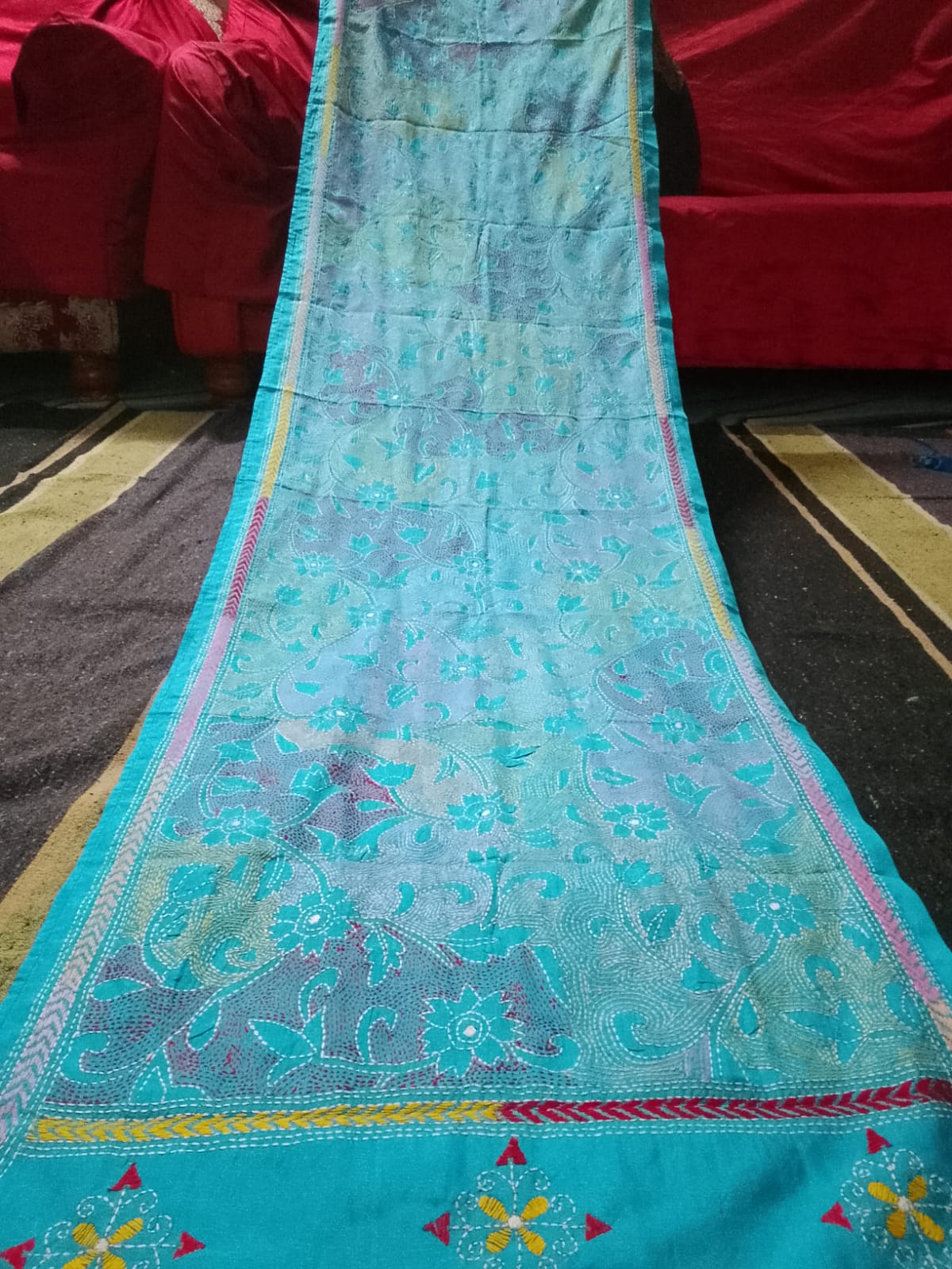 blue kantha stitch silk stole - Desi Weaves
