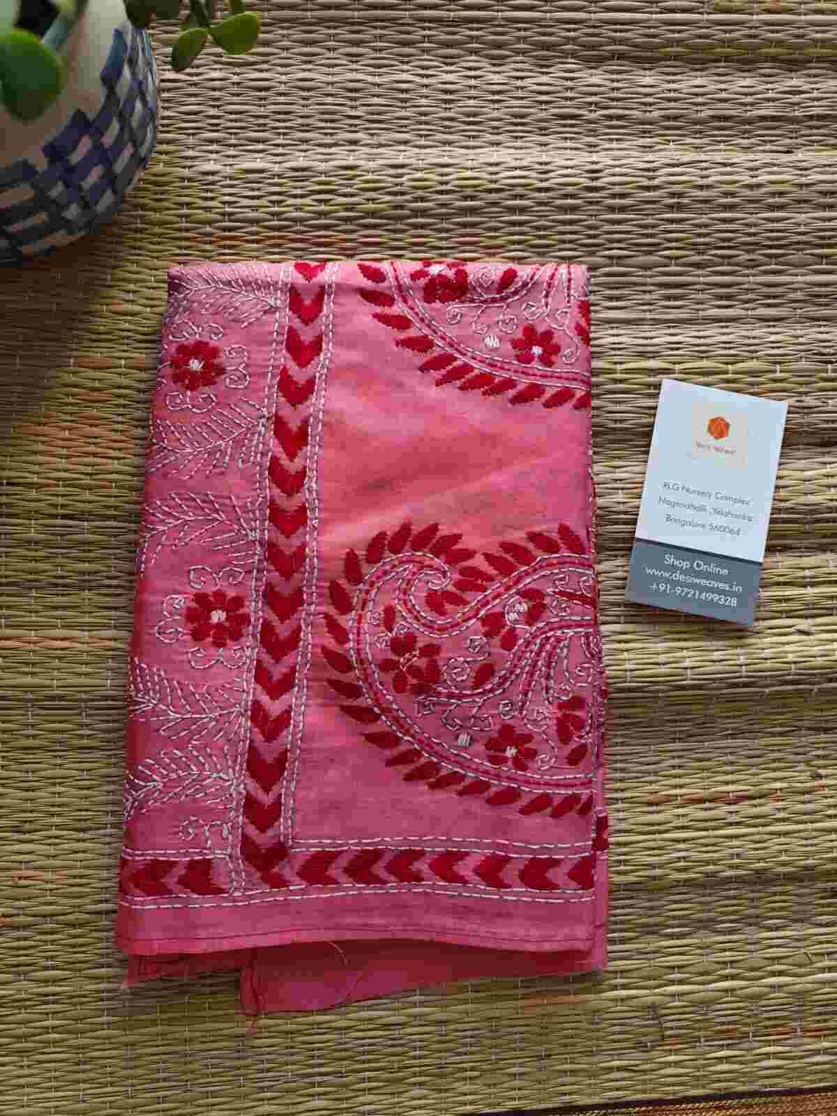 pink kantha stitch silk stole - Desi Weaves