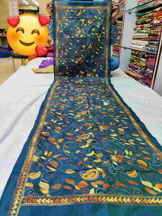 kantha stitch silk stole - Desi Weaves