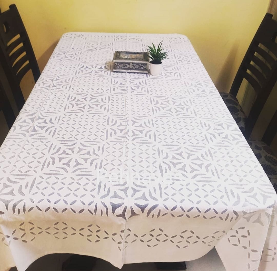 White Hand Stitched Cotton Applique Work Table Cover