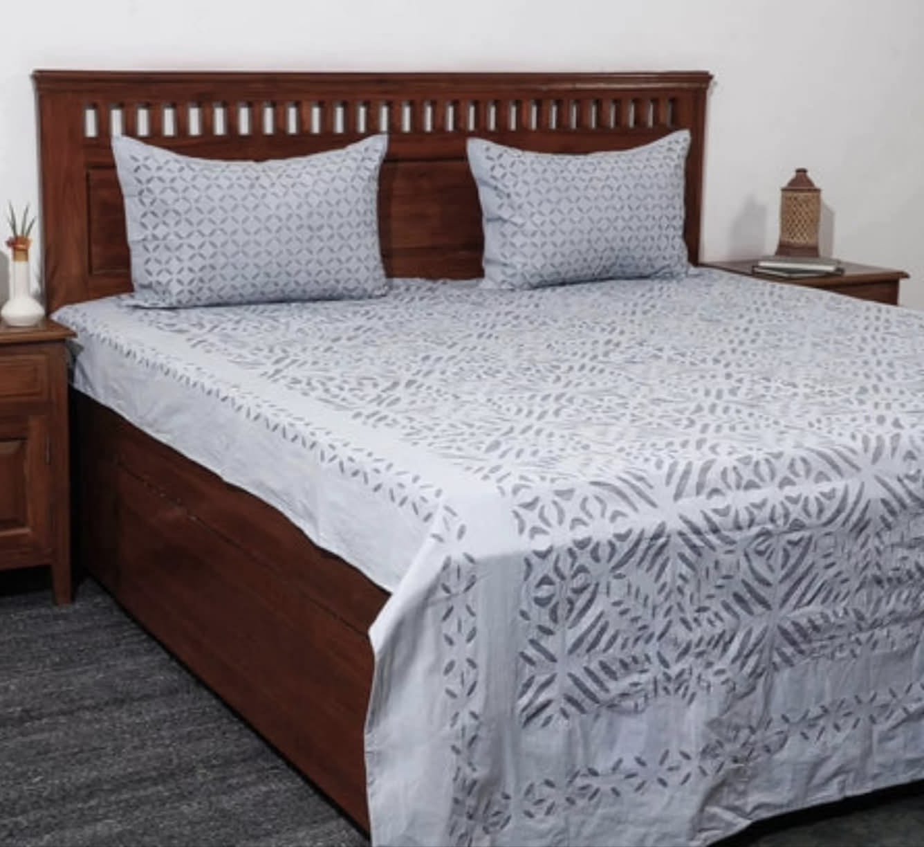 White Color Hand Stitched Applique Work Cotton Bedsheet