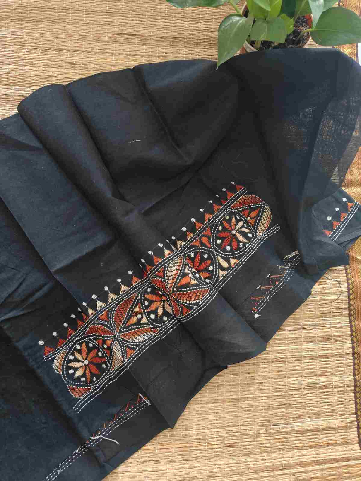 Hand Embroidered Kantha Stitch Cotton Blouse - Desi Weaves
