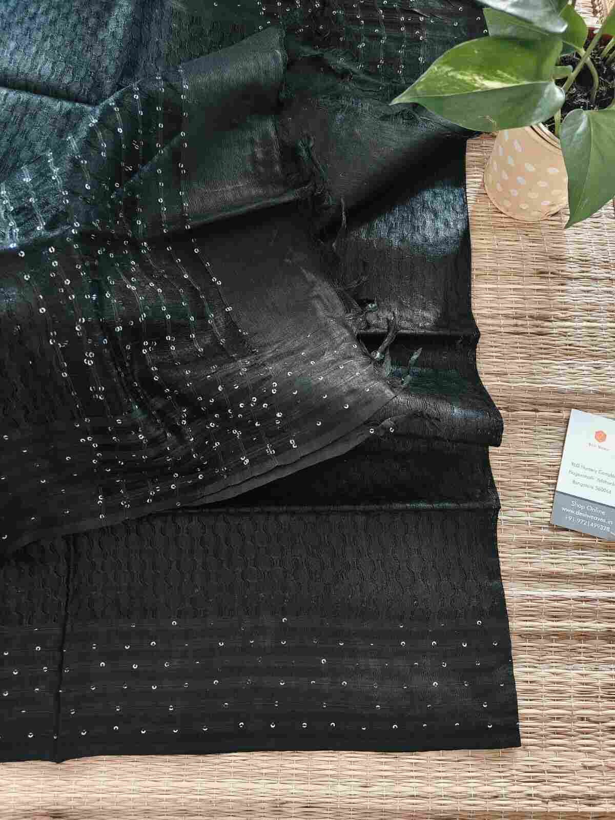 Black Sequin Embroidered Semi Tussar Silk Dupatta