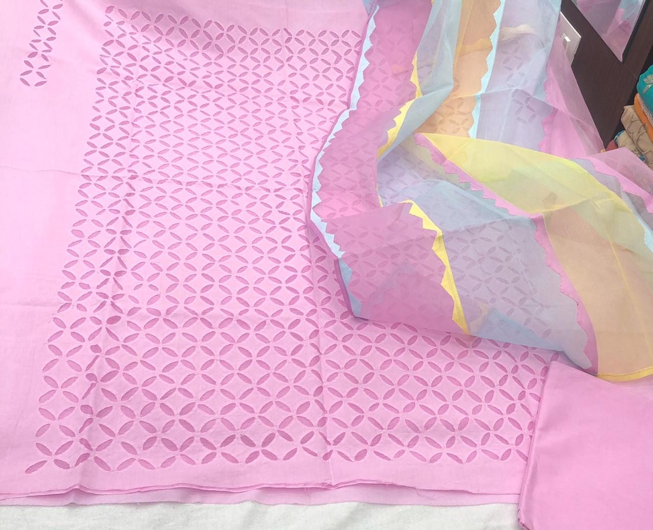 Pink Handcrafted Applique Cotton Suit Dupatta Set