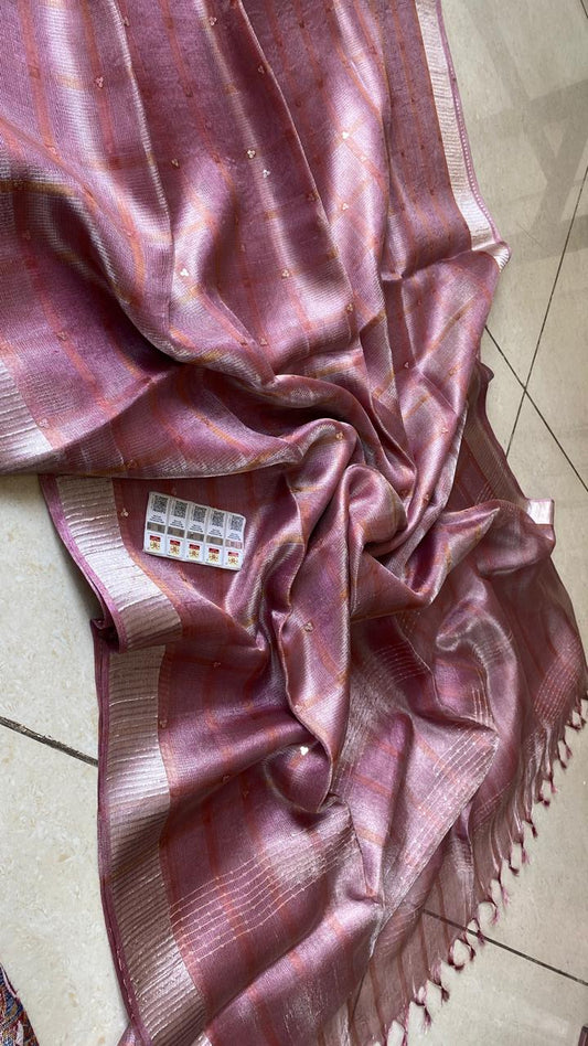 Lilac Sequin Work Pure Tussar Tissue Silk Saree