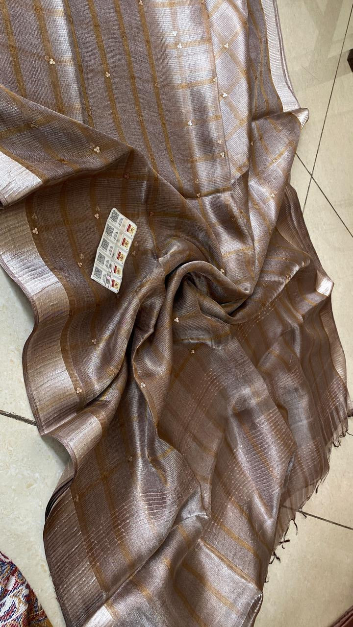 Fawn Sequin Work Pure Tussar Tissue Silk Saree