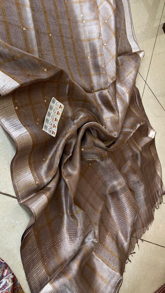 Fawn Sequin Work Pure Tussar Tissue Silk Saree