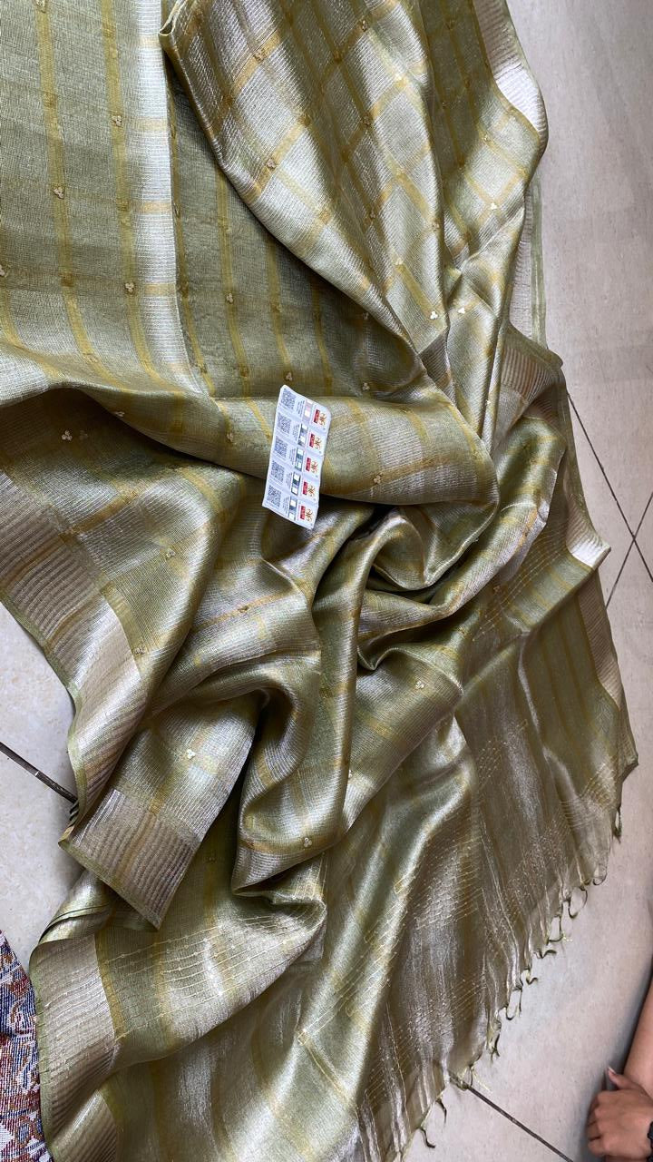 Olive Sequin Work Pure Tussar Tissue Silk Saree