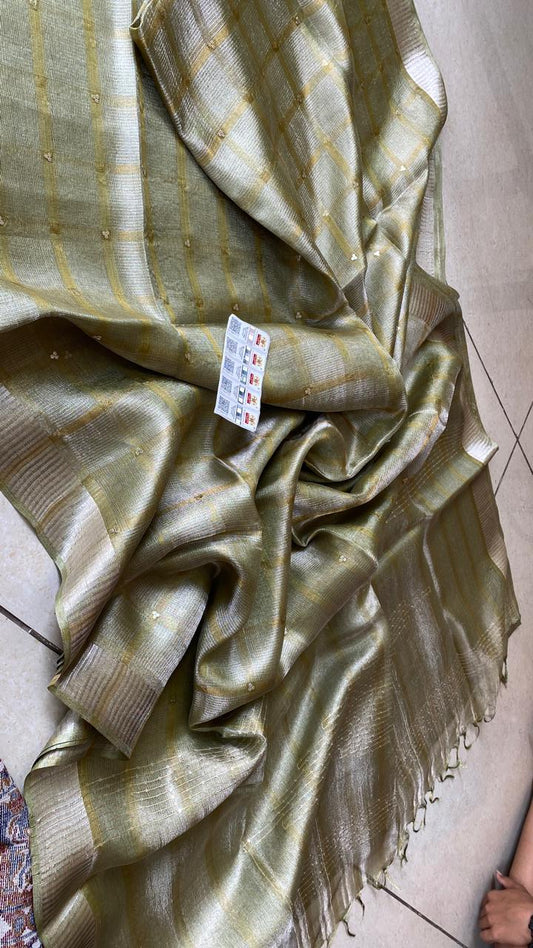 Olive Sequin Work Pure Tussar Tissue Silk Saree