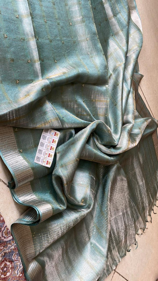Aqua Sequin Work Pure Tussar Tissue Silk Saree