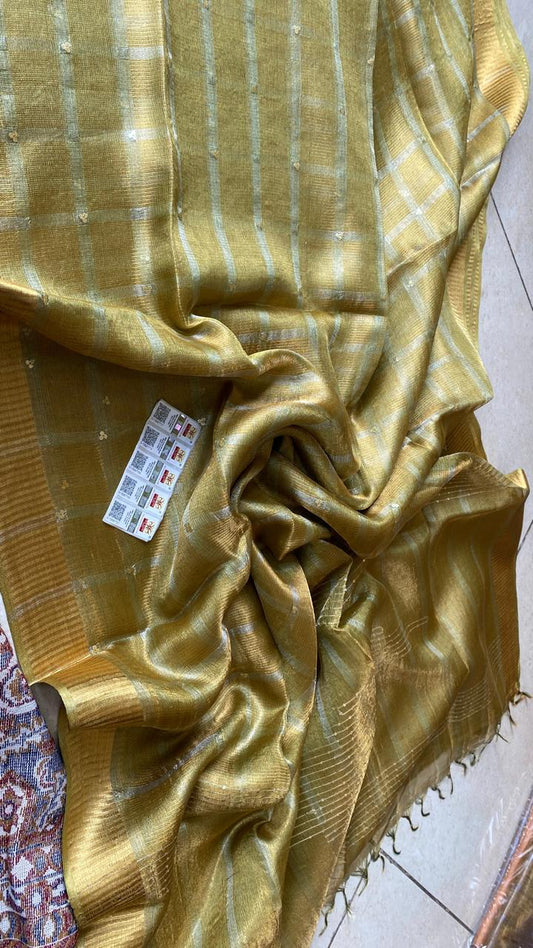 Lime Sequin Work Pure Tussar Tissue Silk Saree