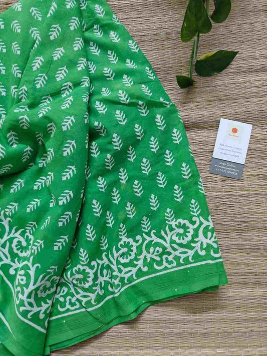 Green & White Block Print Pure Cotton Fabric