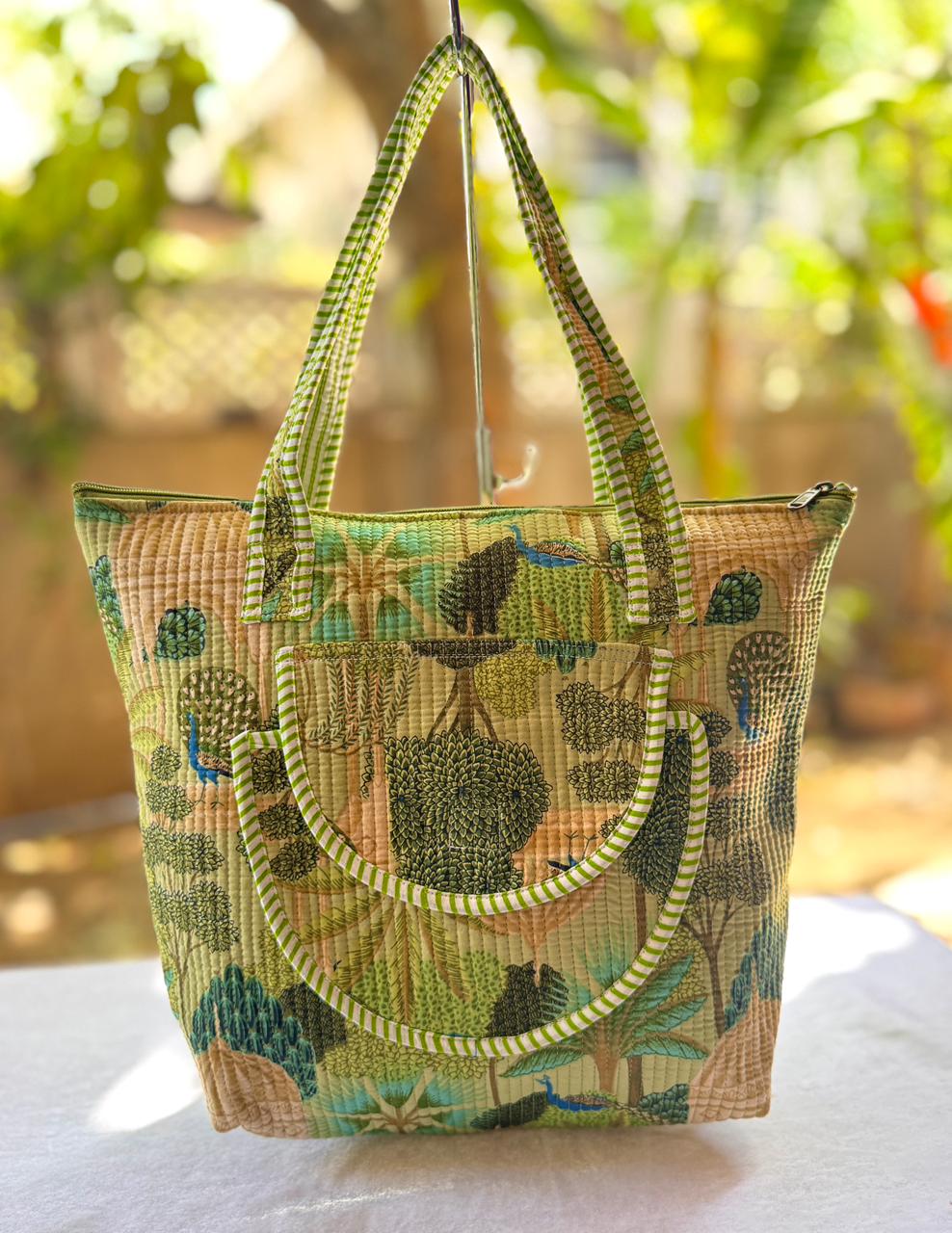 Classic Quilted Block Print Tote Bag