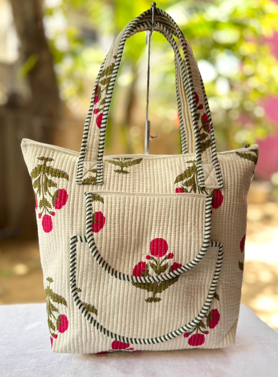 Red Flower Quilted Block Print Cotton Tote Bag