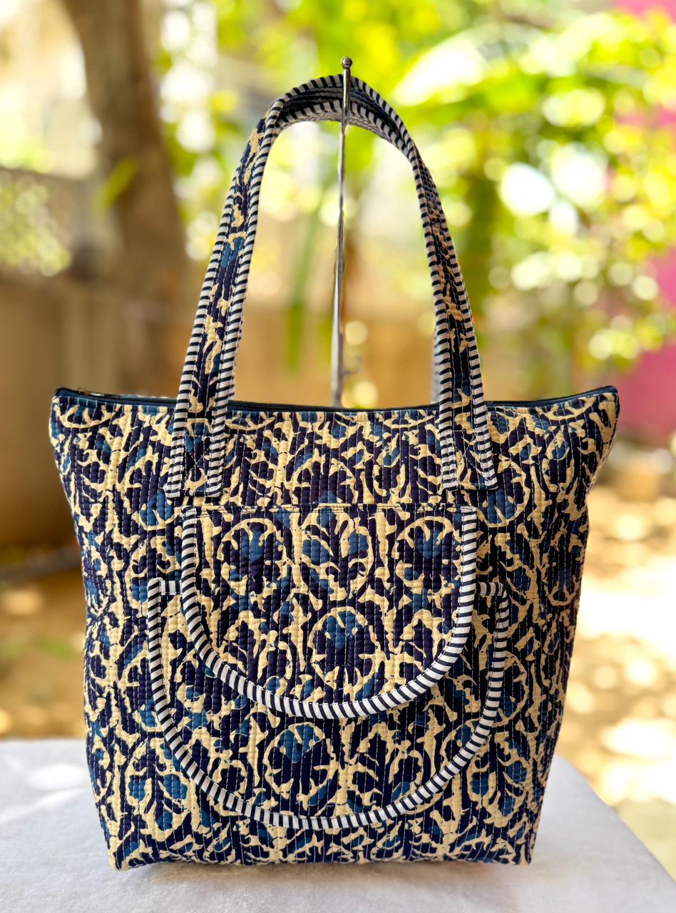 Dark Blue Quilted Block Print Cotton Tote Bag