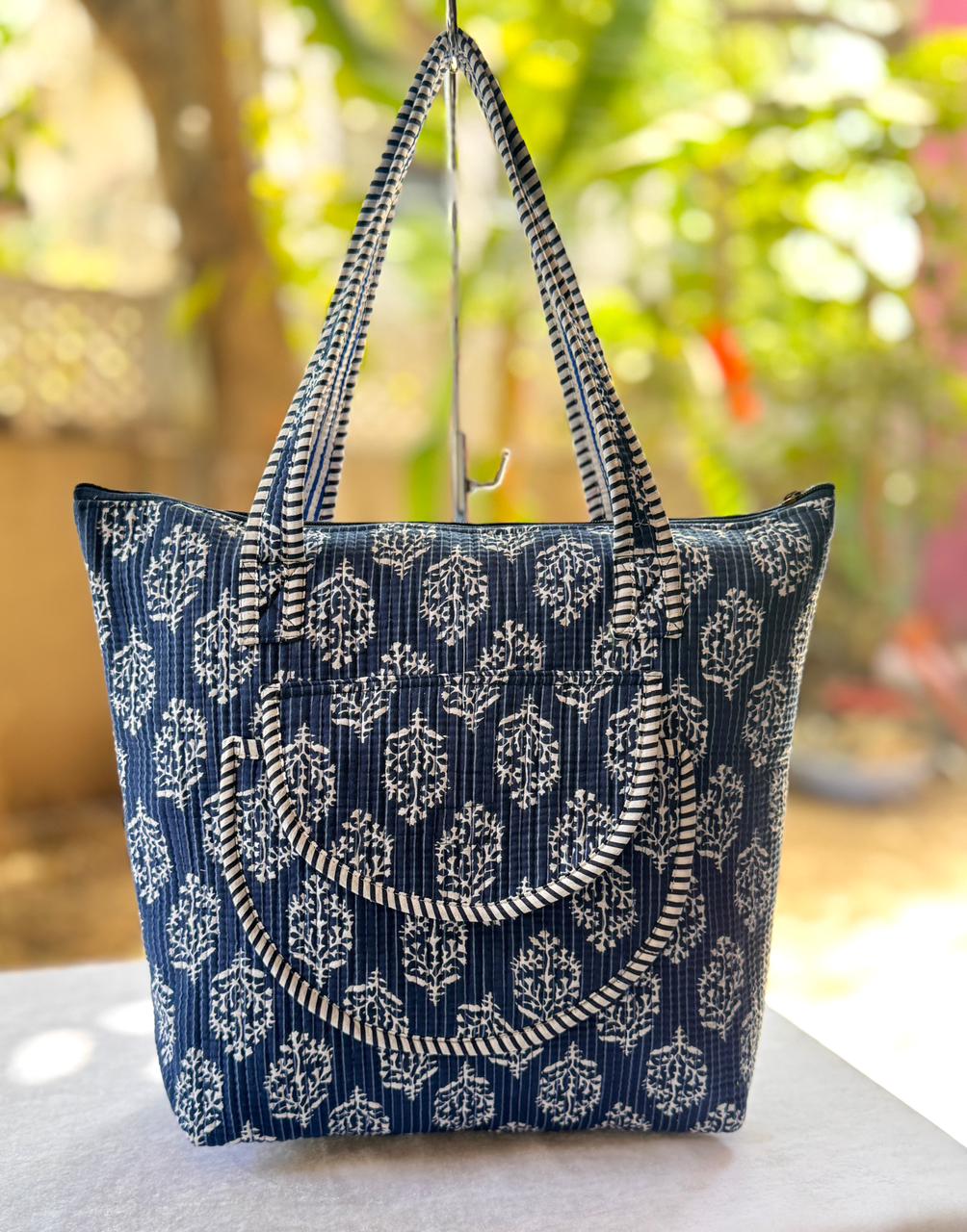 Quilted Block Print Cotton Tote Bag