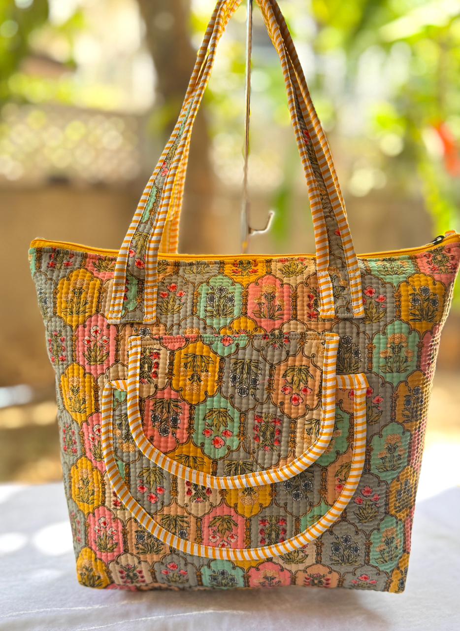 Yellow Quilted Block Print Cotton Tote Bag