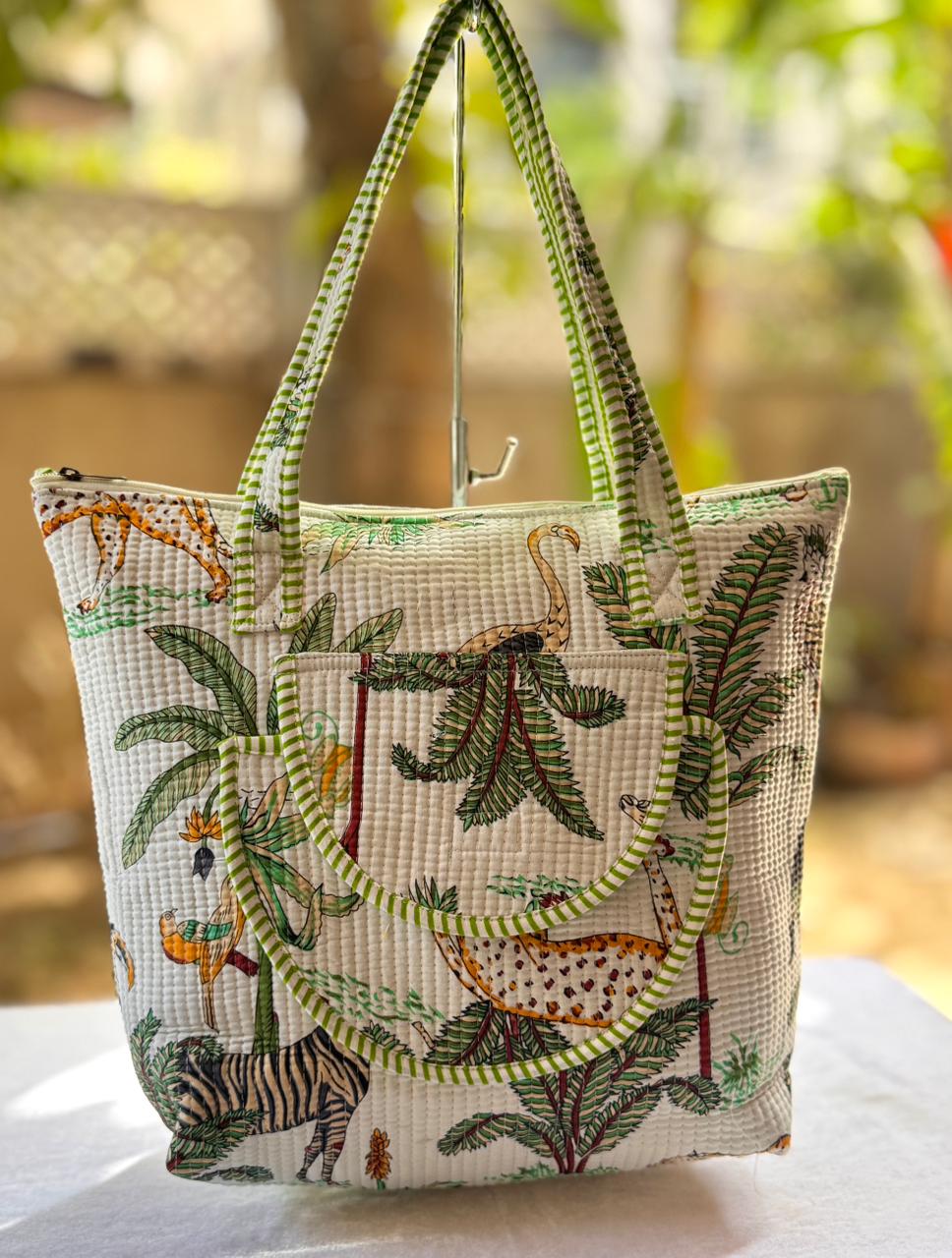 Forest Quilted Block Print Cotton Tote Bag