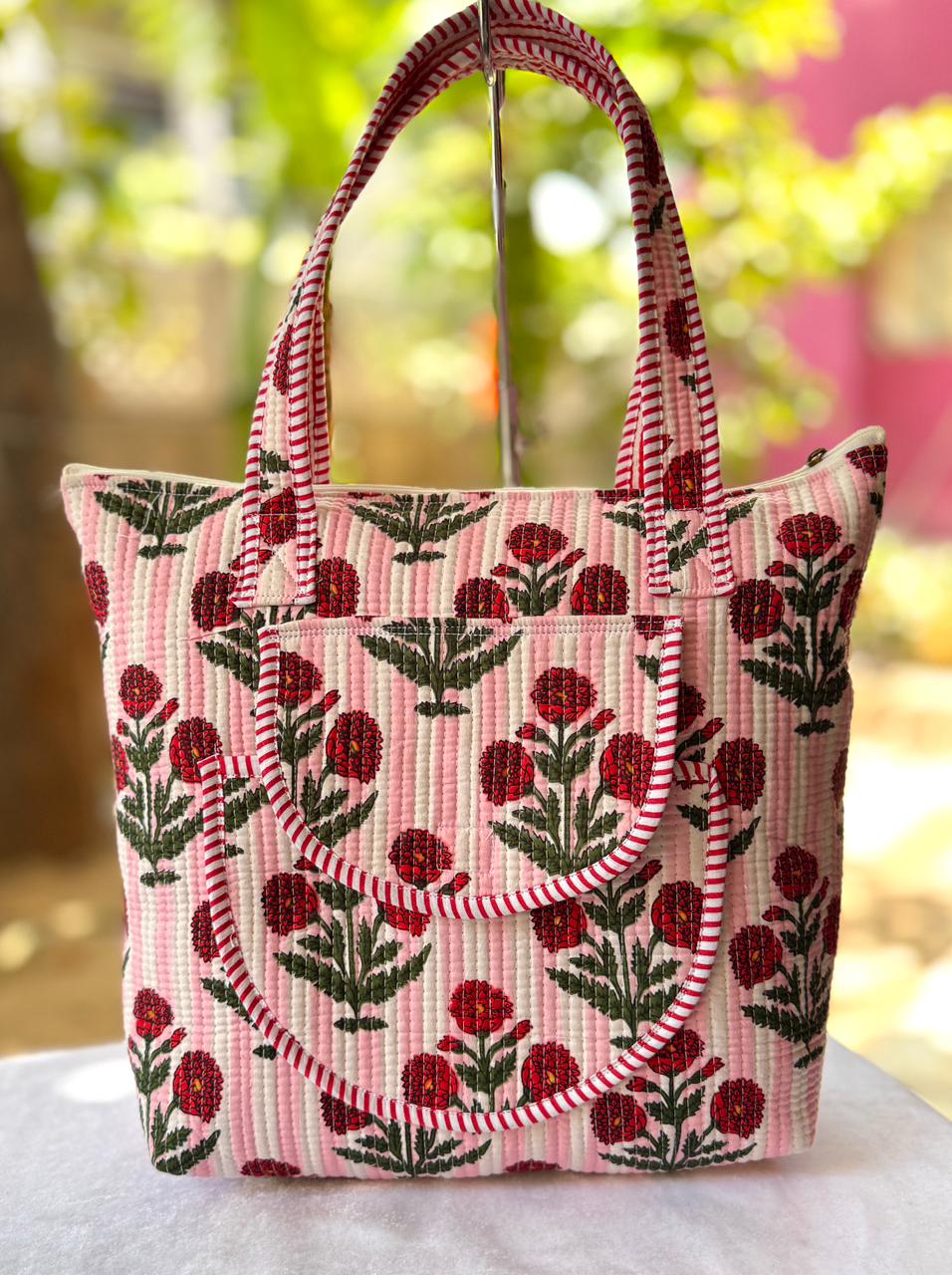 Pink Quilted Block Print Cotton Tote Bag