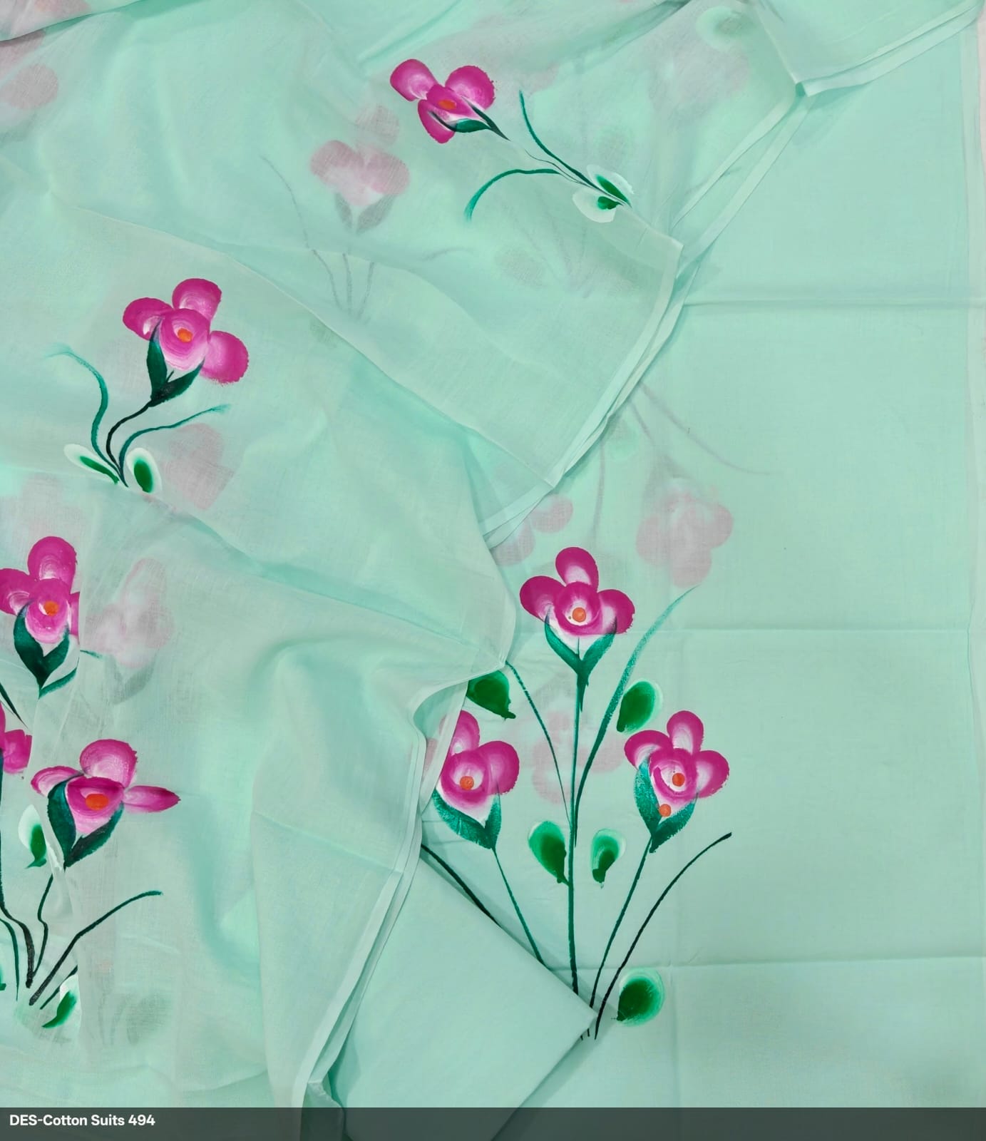 Aqua Hand Painted Pure Cotton Suit Dupatta Set