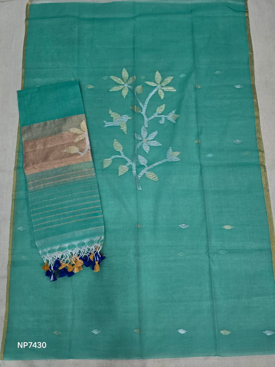 Sea Green Handloom Silk Jamdani Suit Set- 2 Piece Set