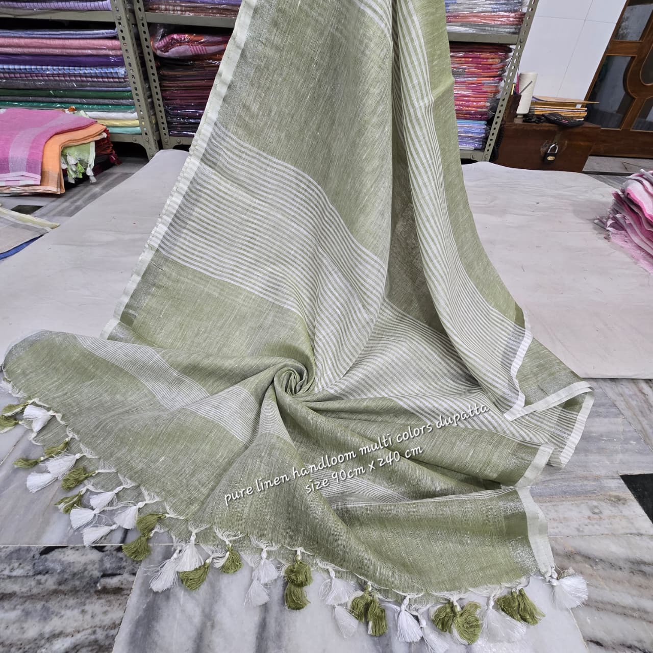 Olive Green Pure Linen Dupatta