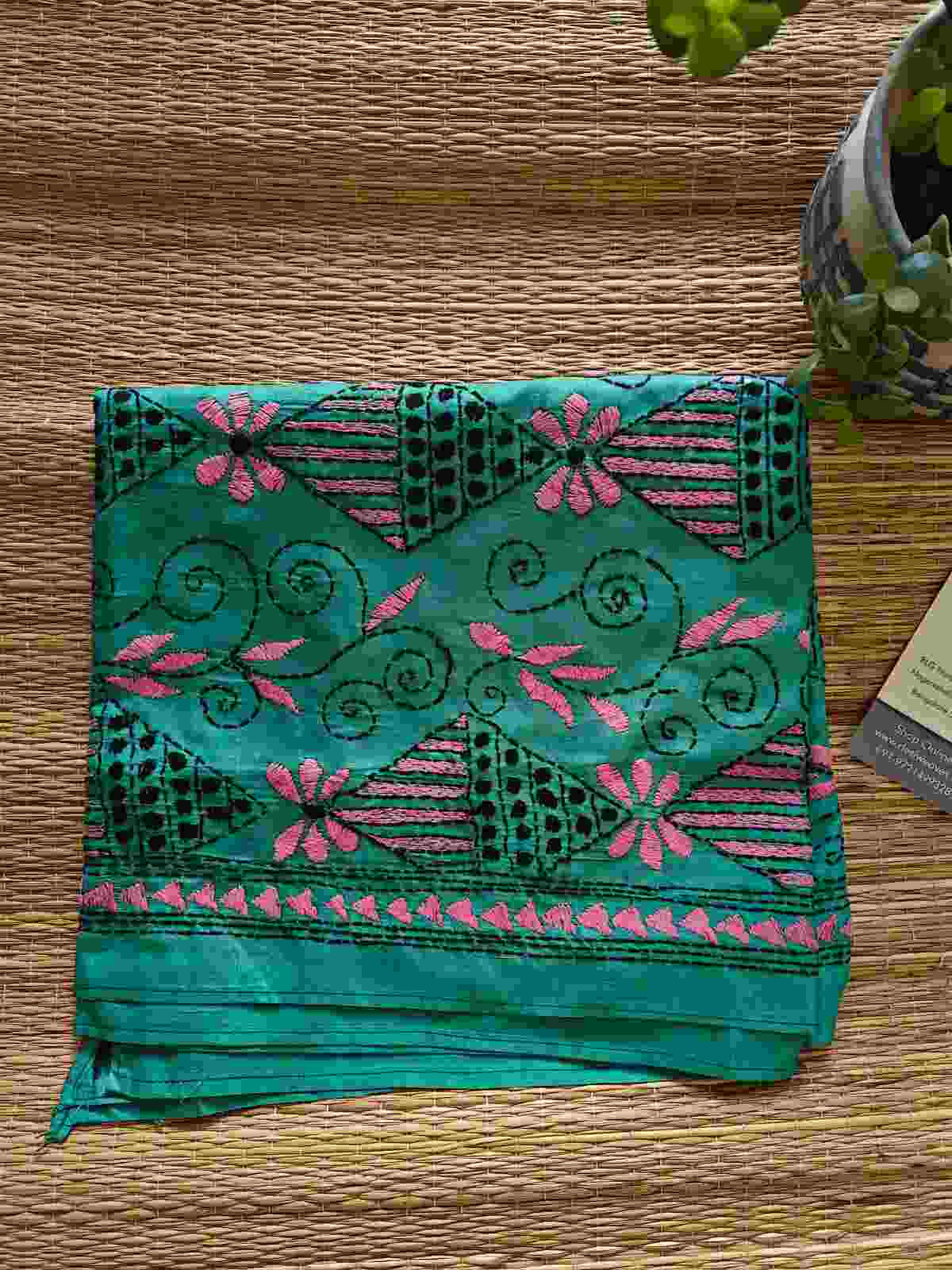 green kantha stitch silk stole - Desi Weaves