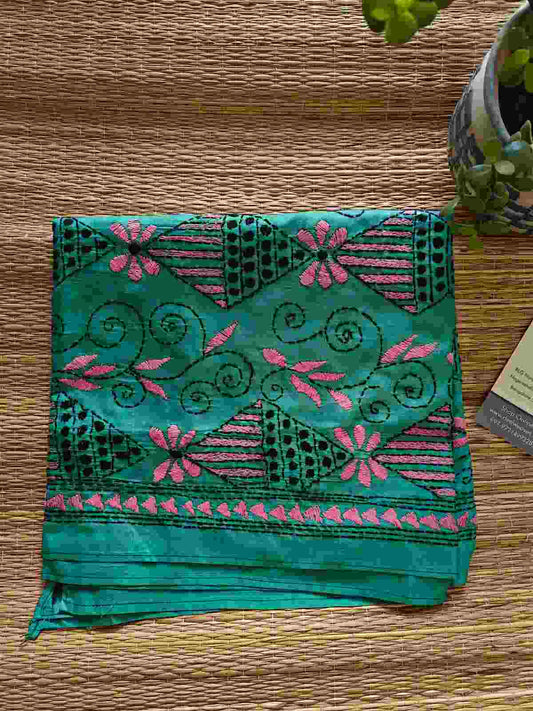 green kantha stitch silk stole - Desi Weaves