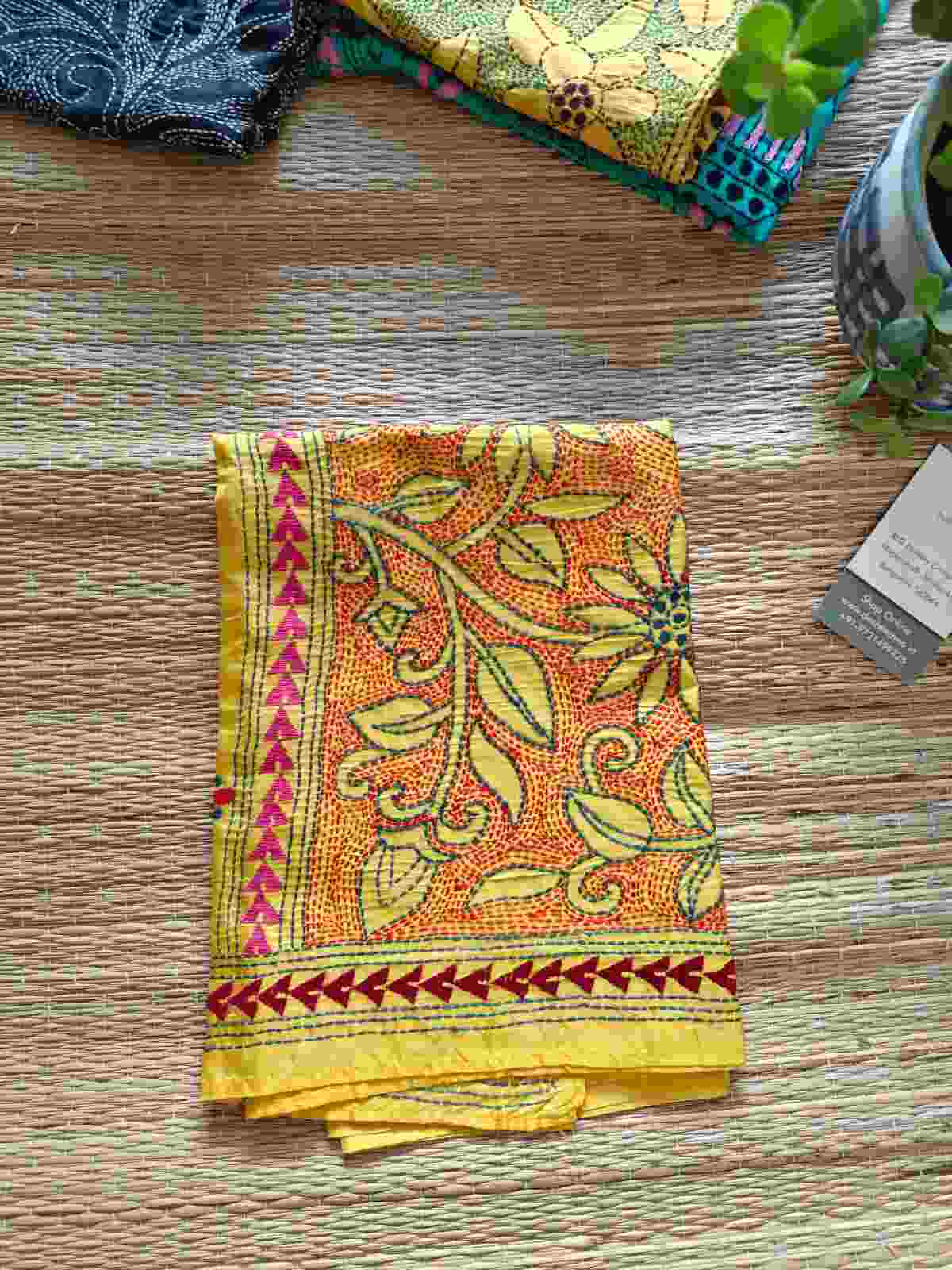 yellow kantha stitch silk stole - Desi Weaves