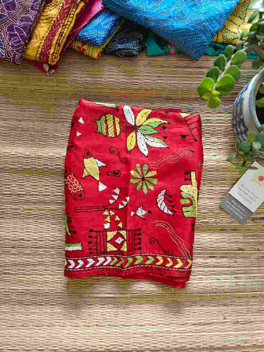 red kantha stitch silk stole - Desi Weaves