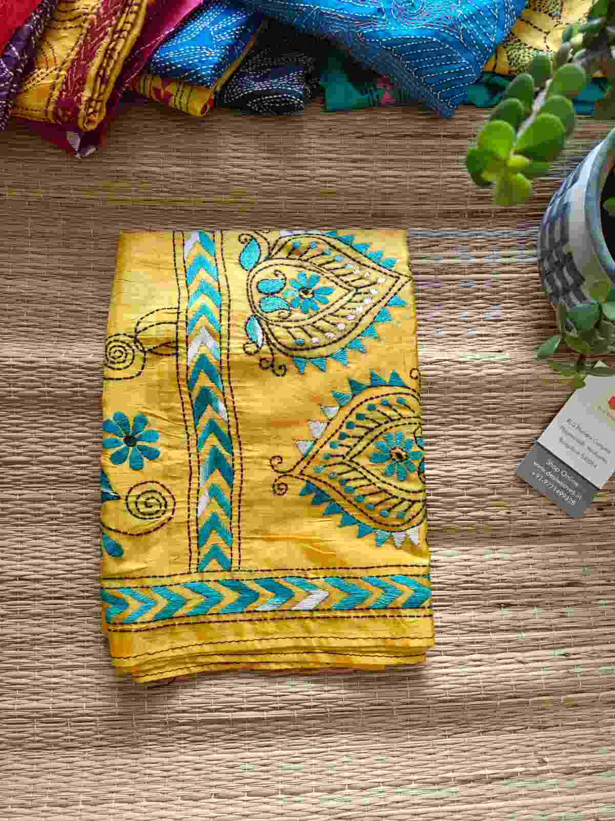 yellow kantha stitch silk stole - Desi Weaves