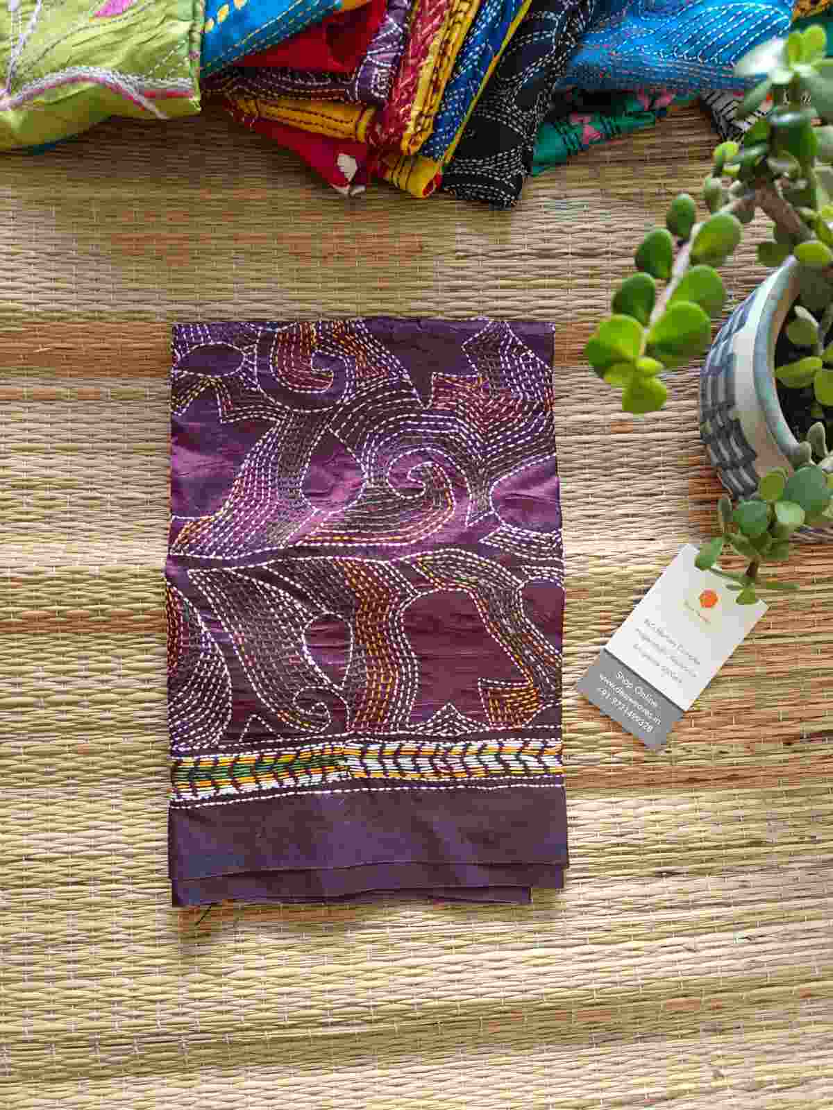 wine kantha stitch silk stole - Desi Weaves