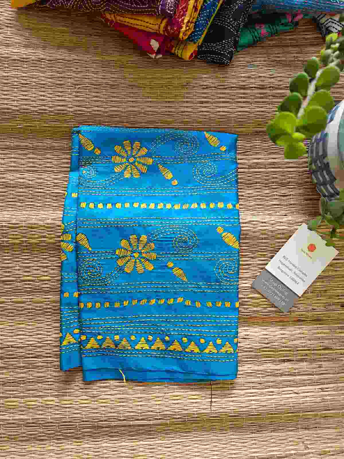 blue kantha stitch silk stole - Desi Weaves