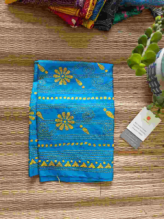 blue kantha stitch silk stole - Desi Weaves