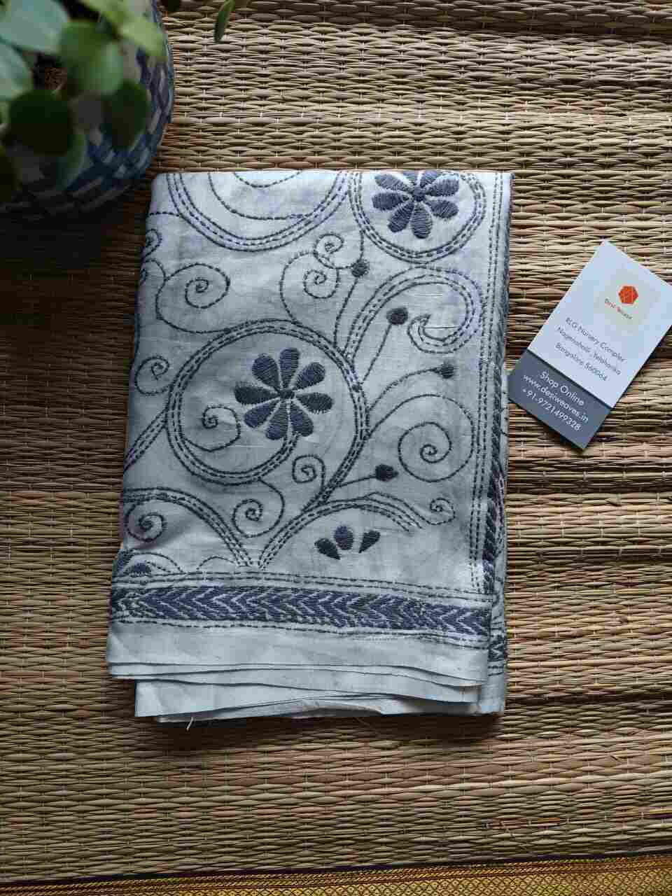 cream kantha stitch silk stole - Desi Weaves