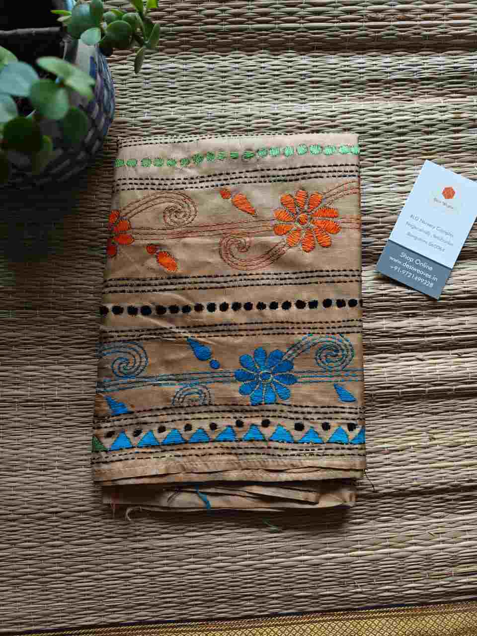 brown kantha stitch silk stole - Desi Weaves