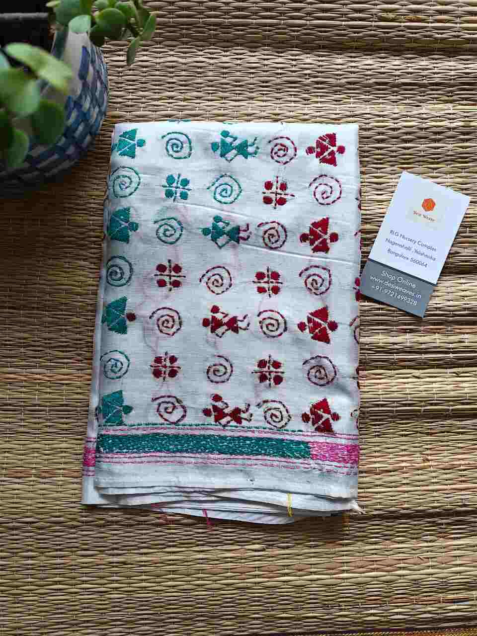 cream kantha stitch silk stole - Desi Weaves