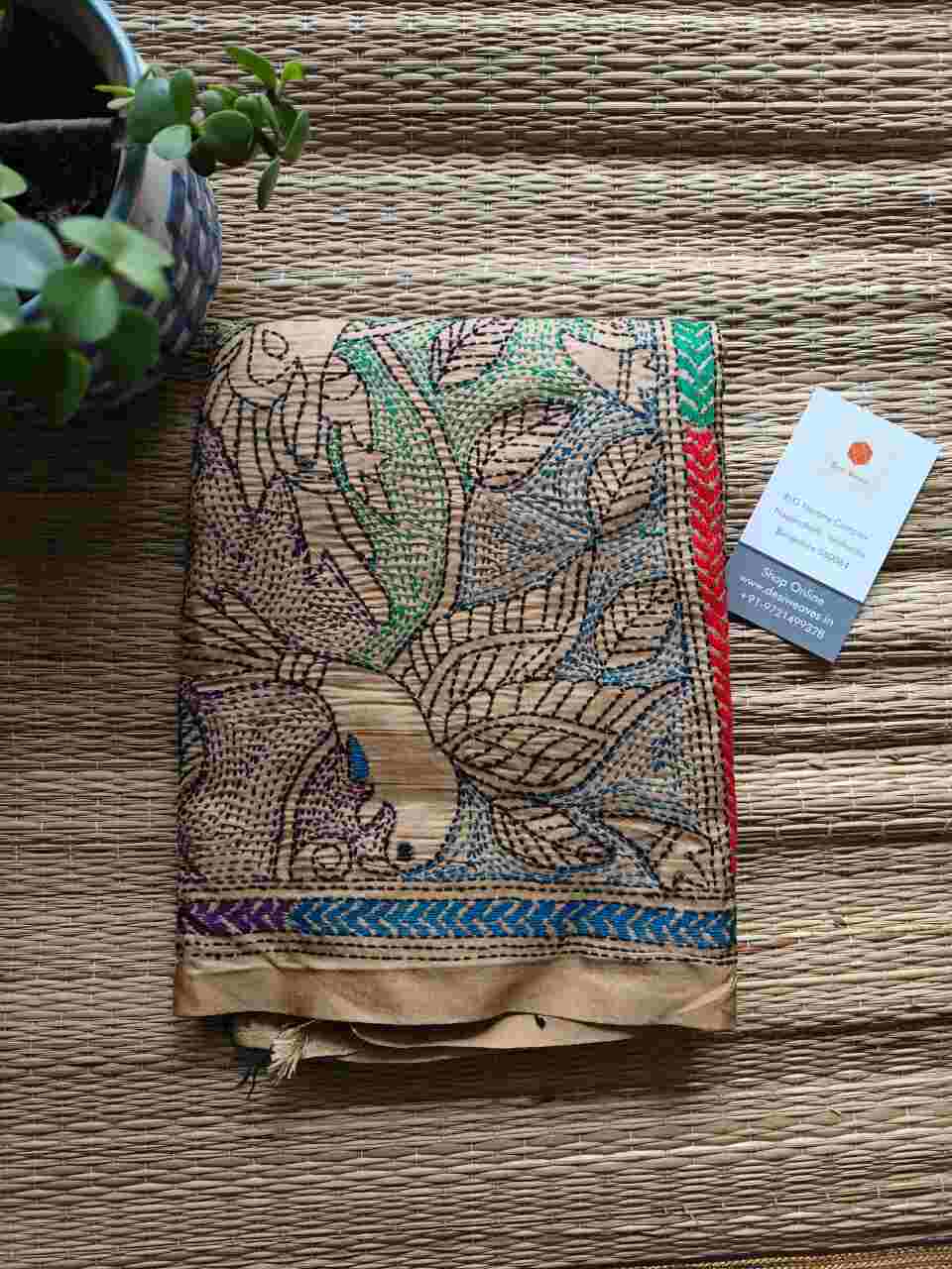 beige kantha stitch silk stole - Desi Weaves