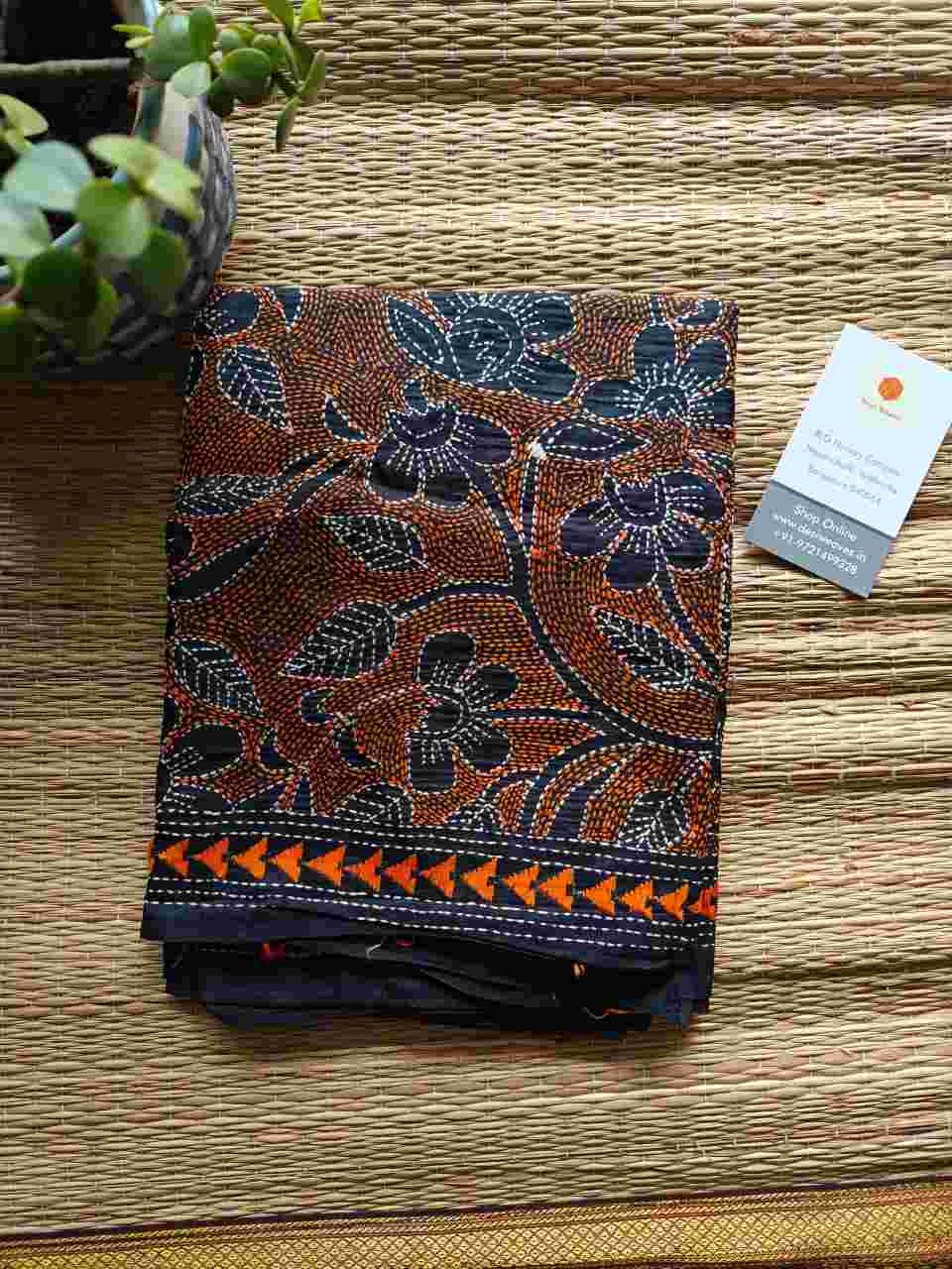 black kantha stitch silk stole - Desi Weaves