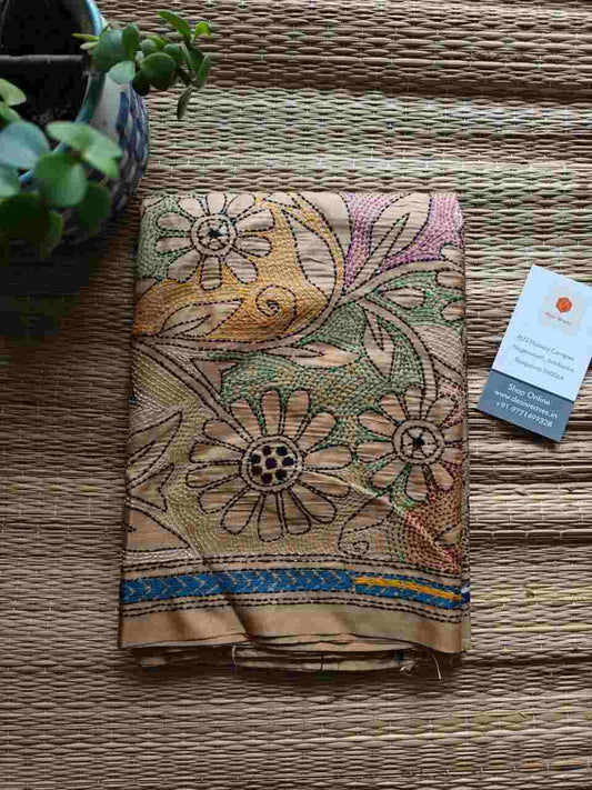 beige kantha stitch silk stole - Desi Weaves