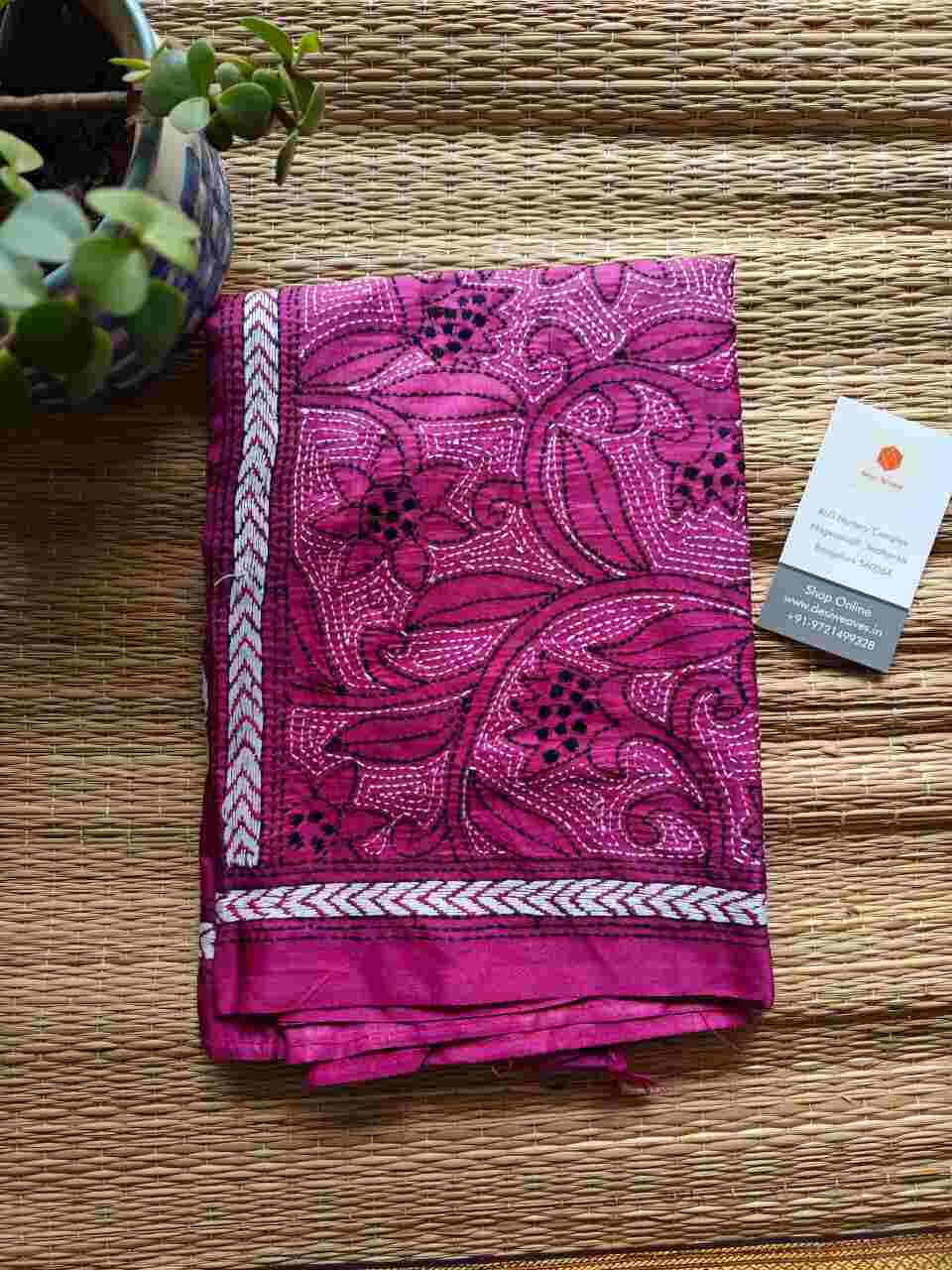 pink kantha stitch silk stole - Desi Weaves