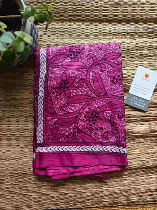 pink kantha stitch silk stole - Desi Weaves