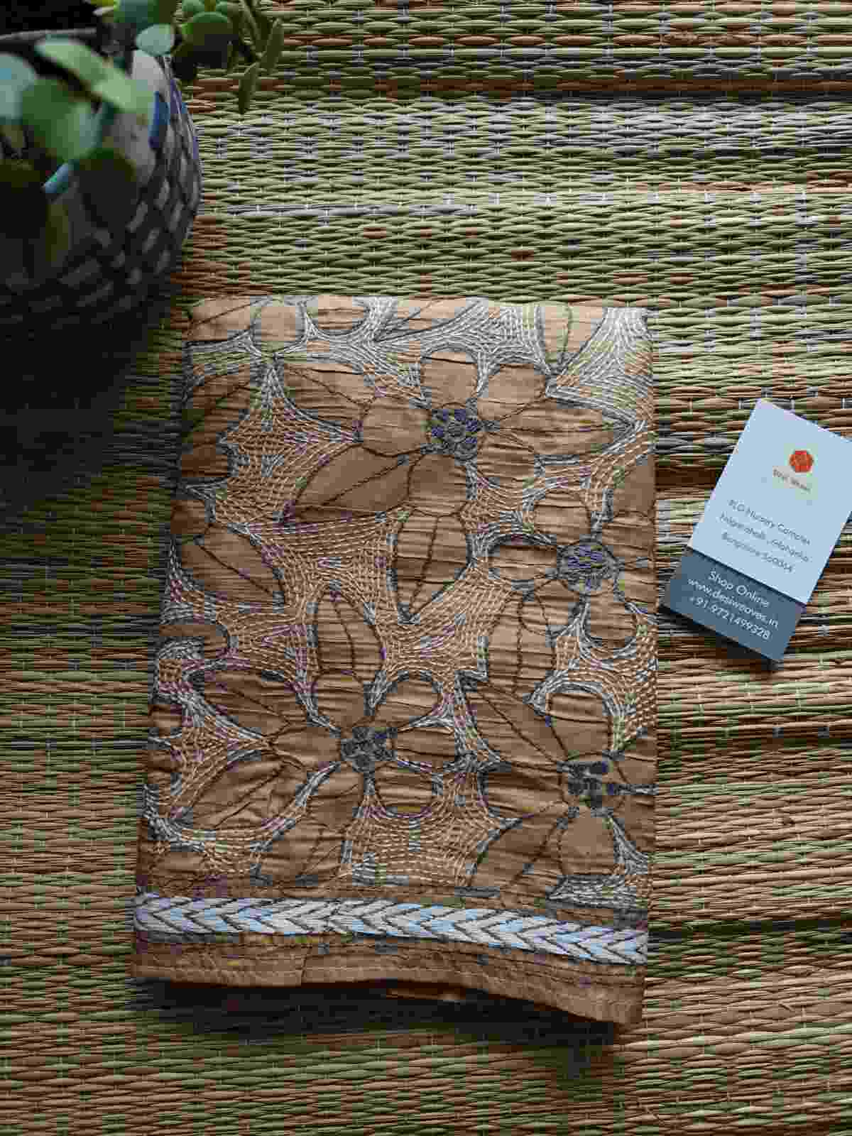 beige kantha stitch silk stole - Desi Weaves