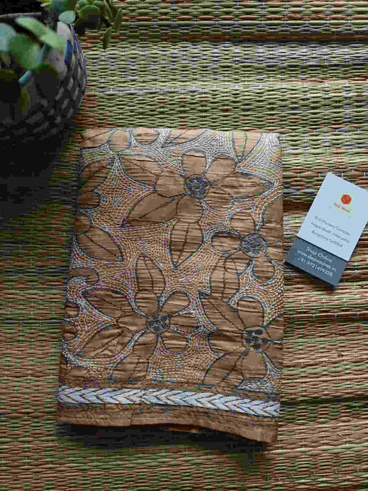 beige kantha stitch silk stole - Desi Weaves