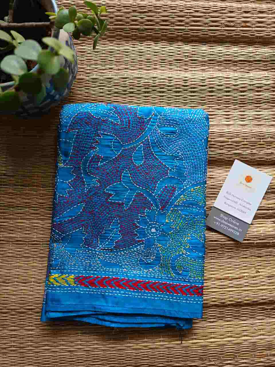 blue kantha stitch silk stole - Desi Weaves