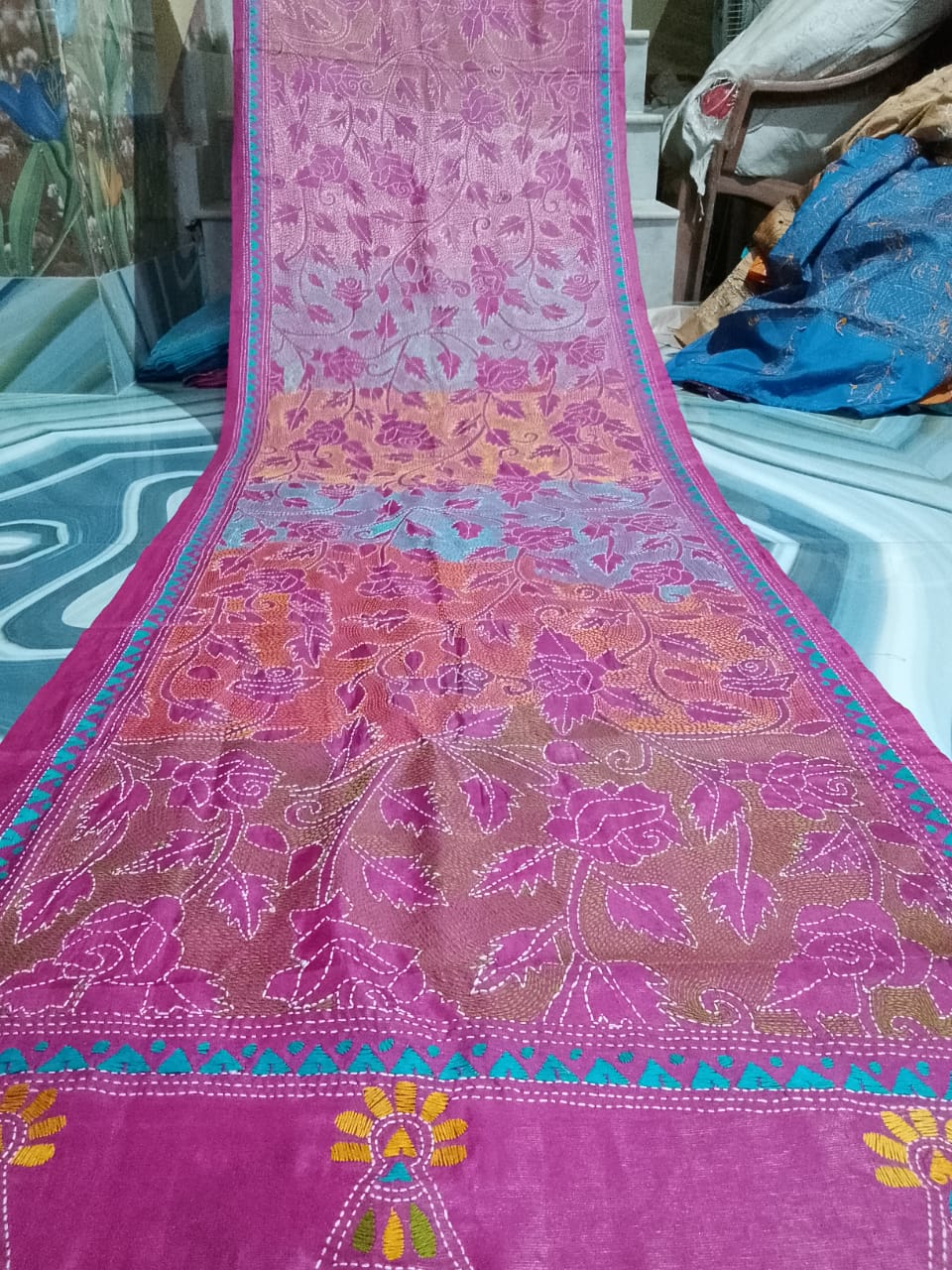 pink kantha stitch silk stole - Desi Weaves