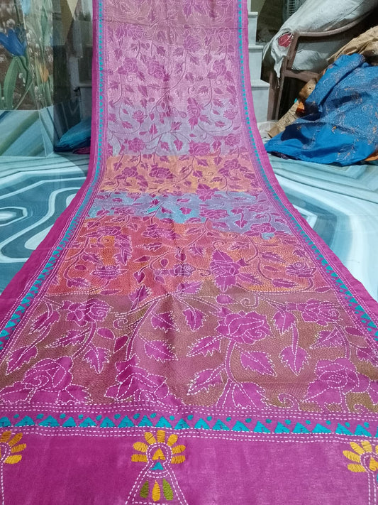 pink kantha stitch silk stole - Desi Weaves