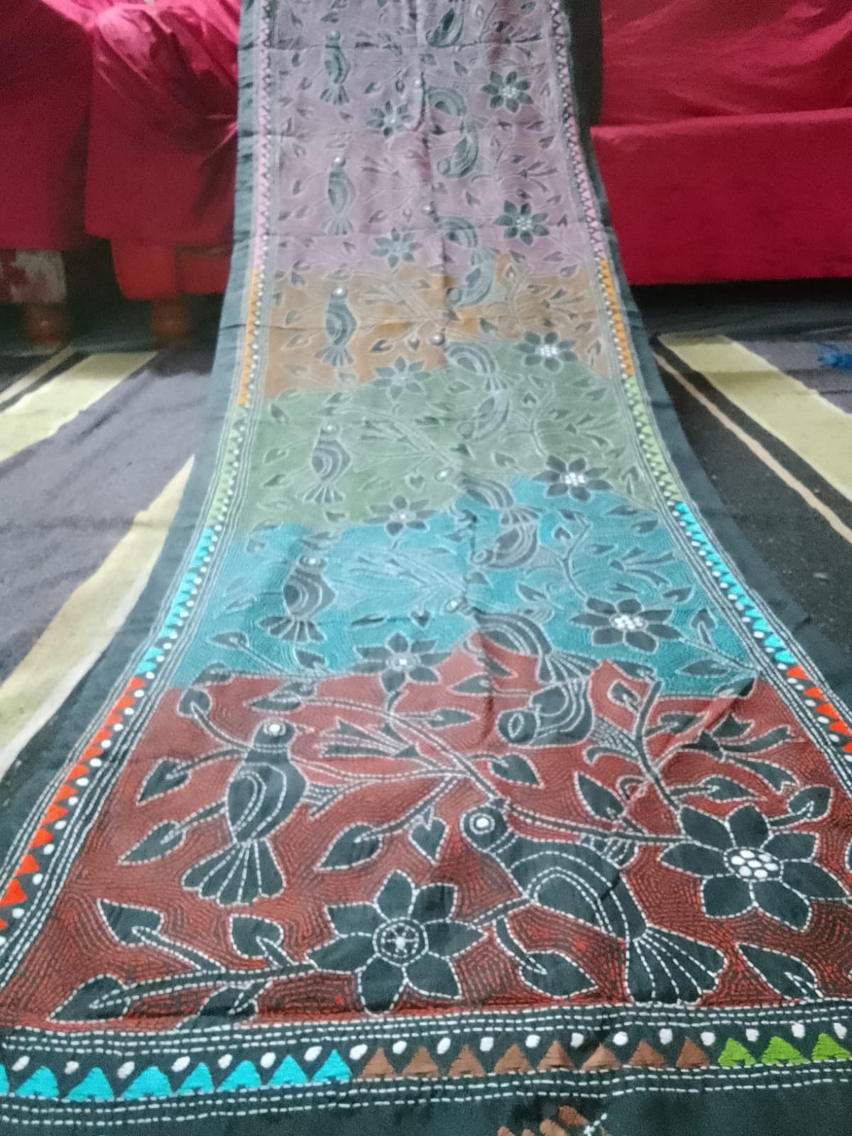 black kantha stitch silk stole - Desi Weaves