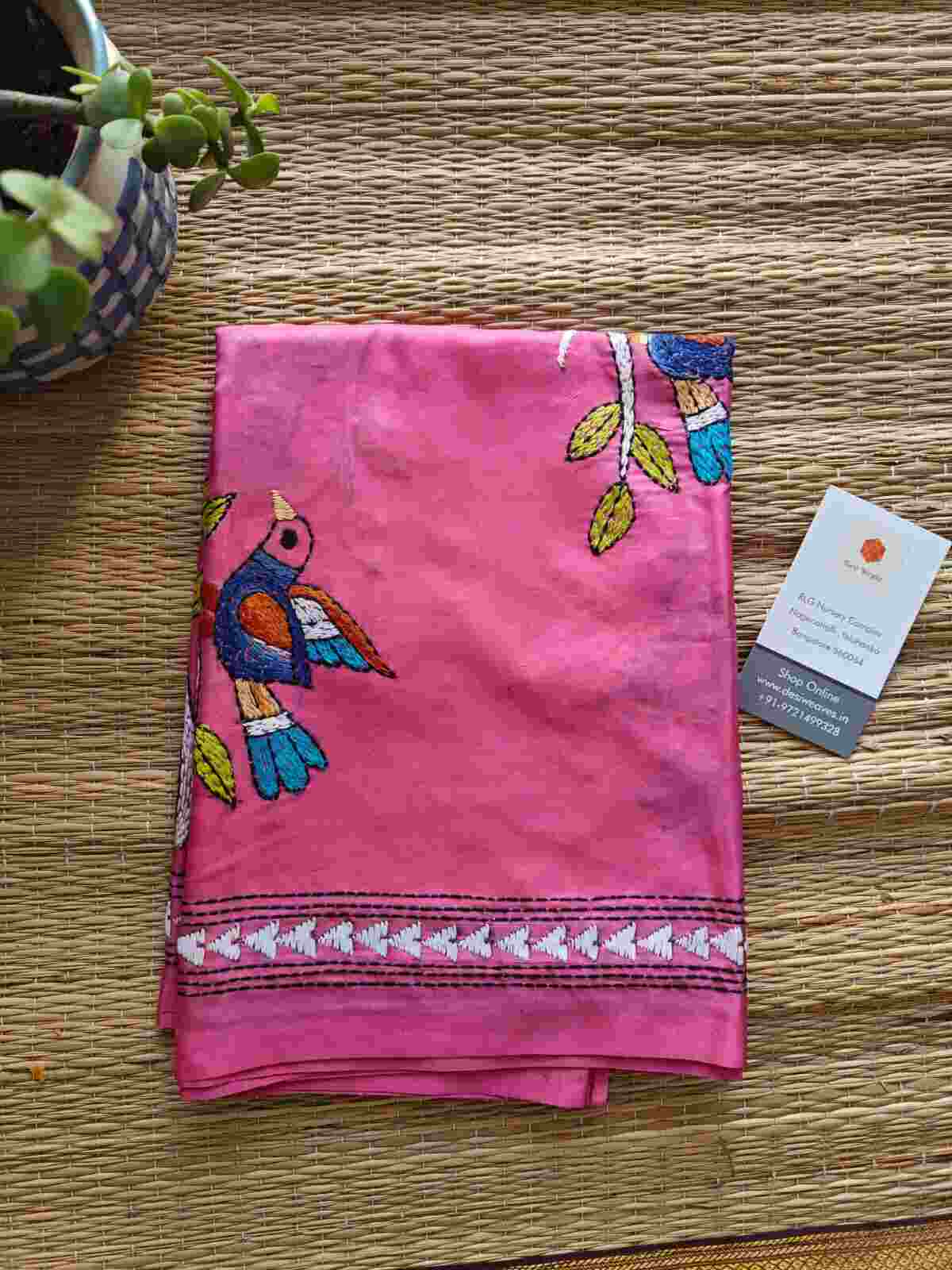 pink kantha stitch silk stole - Desi Weaves